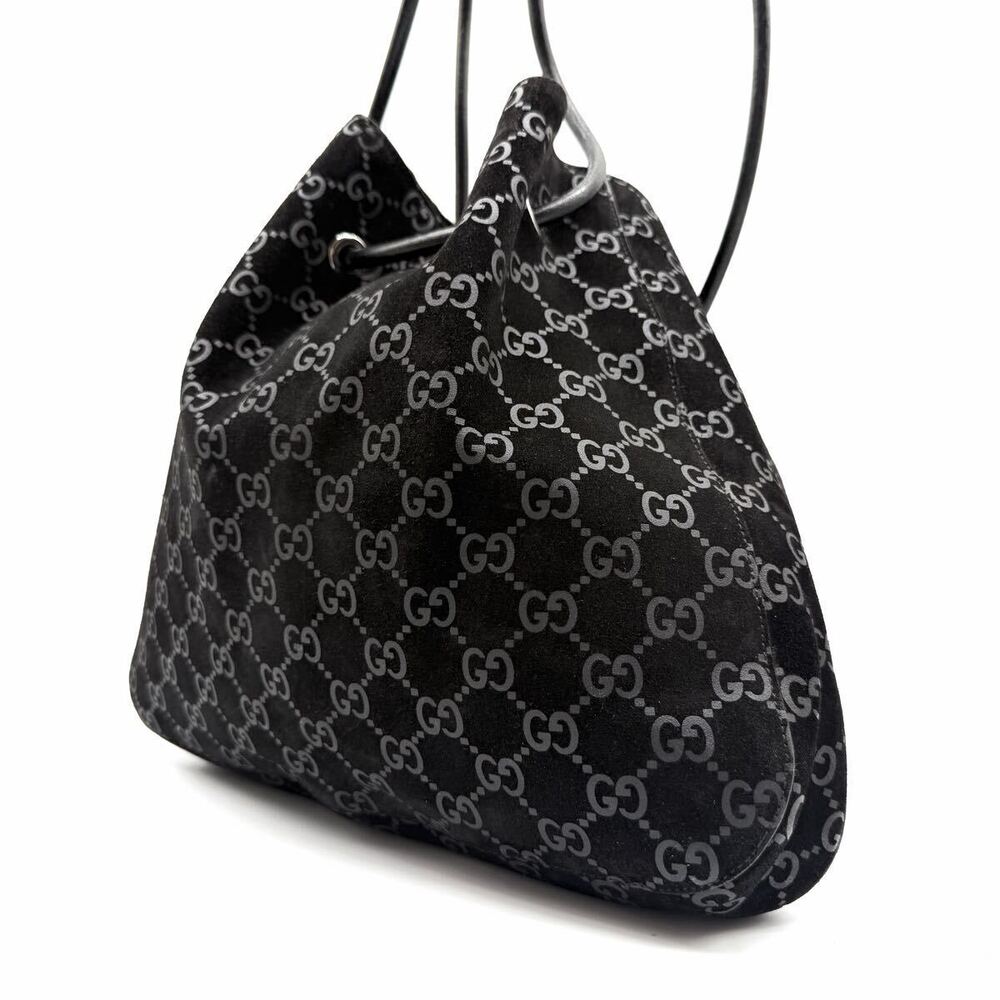 GUCCI Black Suede Shoulder Bag GG Hobo Handbag